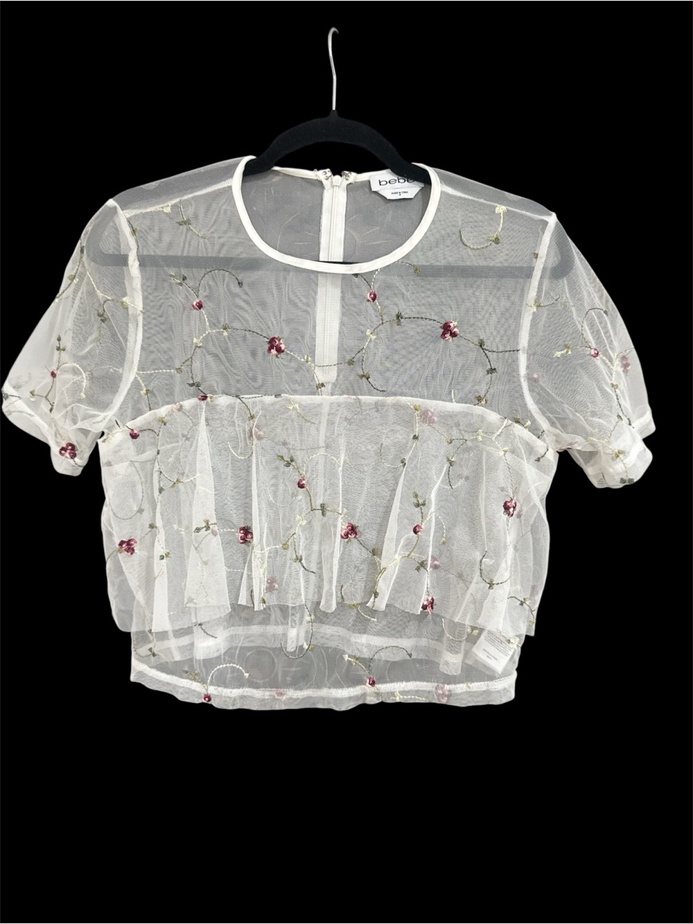 bebe White Sheer Mesh Floral Embroidered Ruffle Top